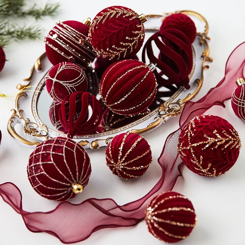 Christmas Ornaments Flocked Velvet Hanging Balls Bows Xmas Tree Decorations Festive Home Party Decor Painted Wine Red