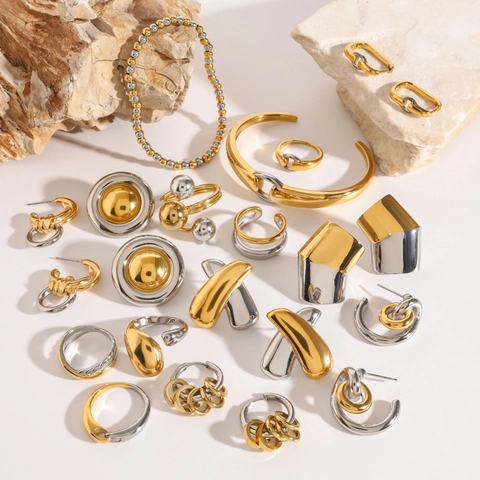 Two-Tone Stainless Steel Bracelet Ring Earring Necklace Minimalist Geometric Waterproof Hypoallergenic For Women