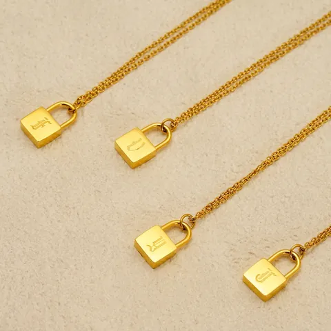 Padlock Initial Pendant Necklace 18K Gold Plated 304 Stainless Steel Gothic Letter A-Z Retro Punk Jewelry For Women