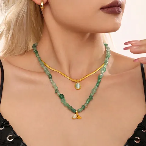 Layered Necklace Natural Stone Aquamarine Stainless Steel Fish Tail Pendant Fashion Commute Style Jewelry For Women