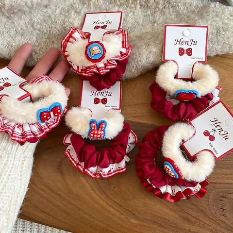 Plush Hair Scrunchies Fabric Red Faux Fur Trim Plaid Cartoon Bear Rabbit Bow Elastic Ponytail Holder Accessories