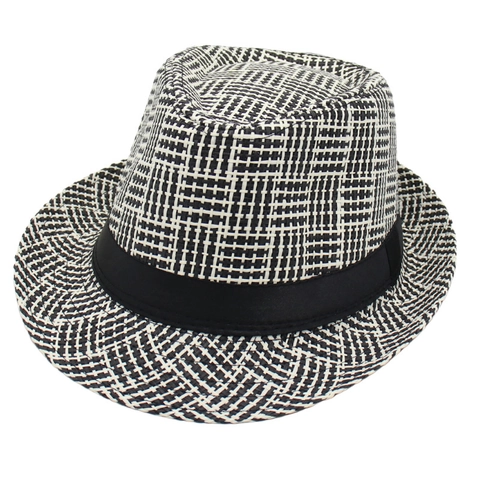 Fedora Hat Woven Paper Straw Grid Plaid Pattern Short Brim Sun Protection Jazz Cap With Black Ribbon Band Unisex