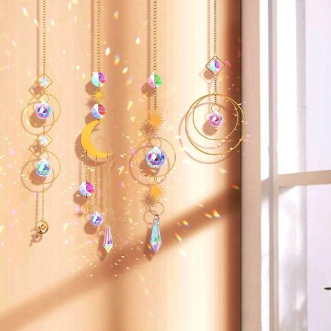 Crystal Suncatcher Hanging Ornament Gold Metal Celestial Sun Moon Star Rainbow Maker Window Garden Decor