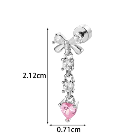 Bowknot Heart Tassel Ear Cartilage Stud Copper Cubic Zirconia Double Headed Screw Back Piercing Earring Elegant Women