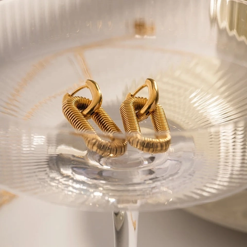 Fashion Stainless Steel Gold Plated Spiral Threaded Oval Pendant Hoop Earrings Exaggerated Chain Jewelry For Women