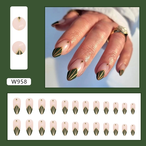 Faux Ongles Press On Français Vert Olive Avec Lignes Géométriques Dorées Motif Diamant Forme Amande Élégants