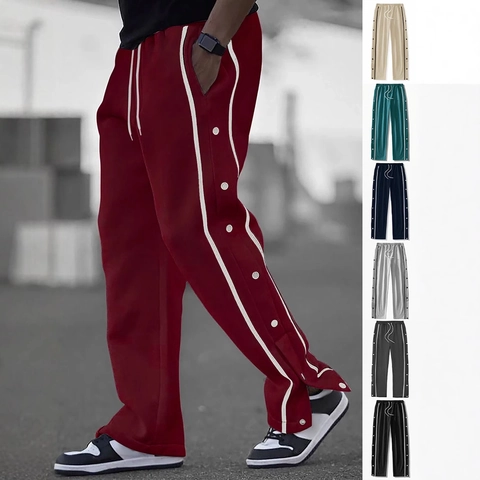 Pantalones De Chándal Para Hombre Botones Laterales Rayas De Contraste Poliéster Cordón Casual Streetwear Vintage Jogger