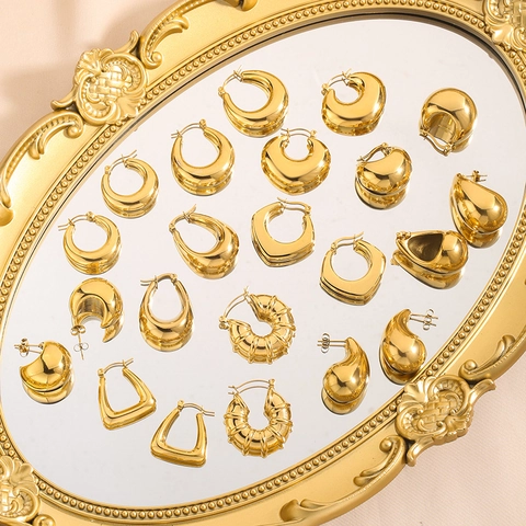 Chunky Gouden Creolen Roestvrij Staal Hoogglans Gepolijst Waterdruppel Geometrisch Minimalistisch Retro Sieraden Voor Dames