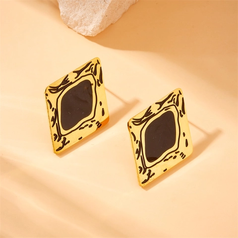 Rhombus Halskette Ohrringe Und Ring Schmuck Edelstahl Vergoldet Schwarz Emaille Geometrische Torsionskette Für Damen