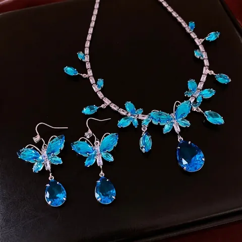 Butterfly Pendant Necklace And Earrings Copper Zircon Water Drop Rhinestone Elegant Wedding Banquet Jewelry For Women