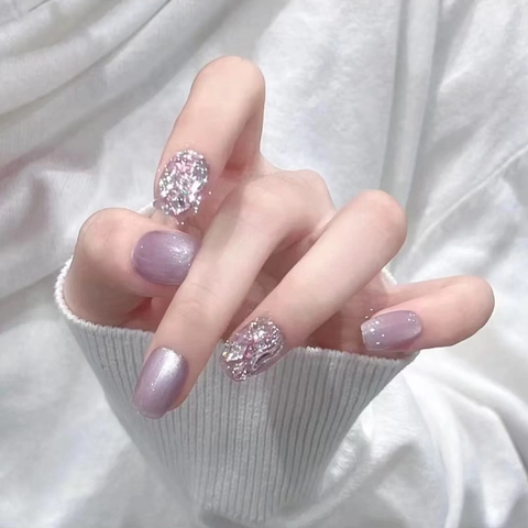 Purple Cat Eye Press On Nails Short Square Round With Rhinestone Glitter False Nails For Women Manicure