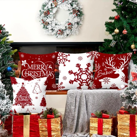 Weihnachts Kissenbezüge Rot Weiß Schneeflocke Rentier Baum Muster Weiches Polyester Sofa Couch Deko Urlaub