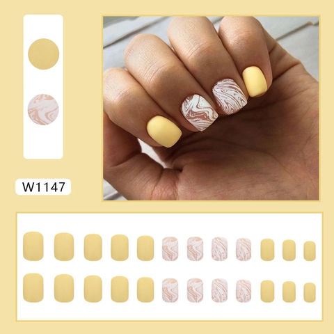 Matte Ginger Yellow Press On Nails Short Square Marble Wave Pattern Minimalist Solid Color Artificial Fingernails For Ladies