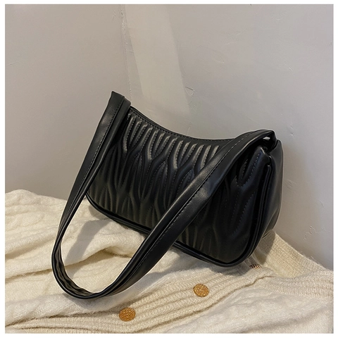 Women Fashion Pleated PU Leather Underarm Shoulder Bag Small Wavy Texture Solid Color Elegant Daily Handbag
