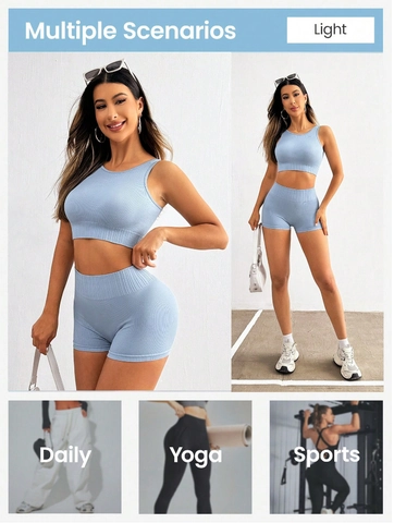 Seamless Ribbed Sports Bra And High Waist Shorts Workout Yoga Outfit For Women Quick Dry Breathable Athletic Wear