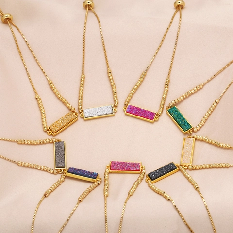 18K Gold Plated Copper Druzy Stone Bracelet For Women Minimalist Rectangular Pendant Adjustable Slider Box Chain Fashion Jewelry