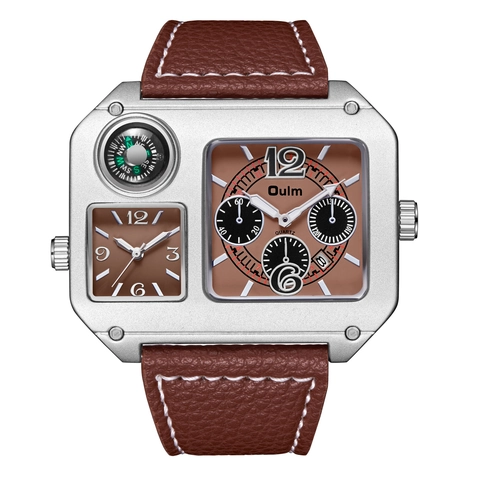 Men Quartz Watch Large Rectangular Alloy Case Dual Time Zones Decorative Compass Leather Strap Fashion Sporty Industrial