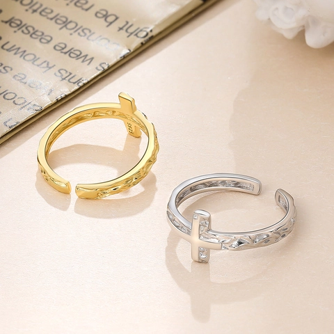 Minimalist 925 Sterling Silver Cross Open Ring Hammered Texture Adjustable Finger Ring Religious Jewelry For Women