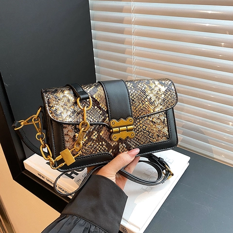 Vintage Umhängetasche Für Damen Mit Schlangenmuster Aus PU Leder Patchwork Schulterhandtasche Mit Metallkette Goldener Schnalle