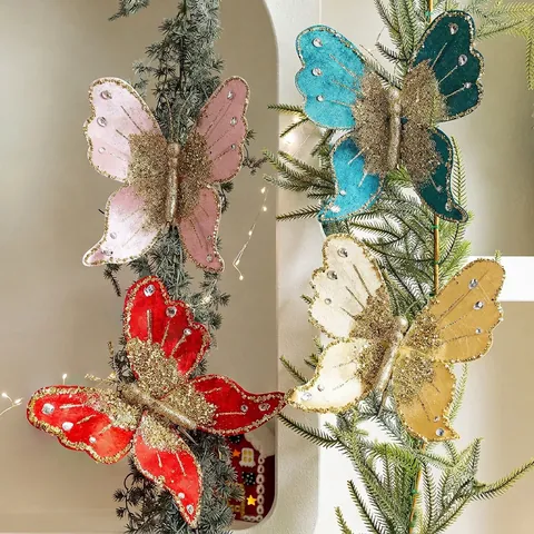 Christmas Butterfly Ornaments Glitter Fabric Rhinestone With Metal Clip For Tree Decoration Party Wedding Elegant