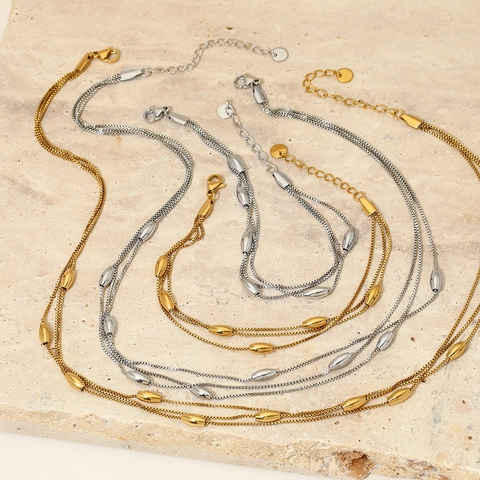 Gioielli In Acciaio Inossidabile Da Donna Con Collane E Bracciali A Catena Multistrato E Perle In Metallo Oliva Lucido