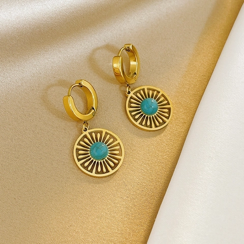 Vintage Sunburst Hollow Stainless Steel Hoop Earrings With Turquoise Inlay Gold Plated Western Artistic Drop Earrings