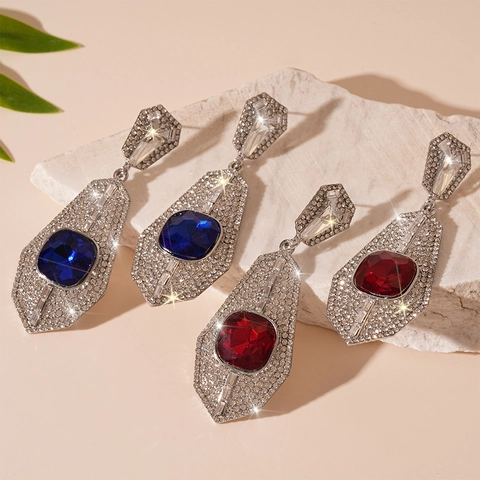 Vintage Luxury Alloy Rhinestone Square Geometric Drop Earrings With 925 Sterling Silver Earring Post For Women Elegant
