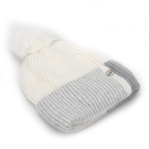 Berretto In Maglia Inverno Donna Acrilico Blocchi Di Colore Caldo Ispessito Pompon Pelliccia Sintetica Targhetta Metallo
