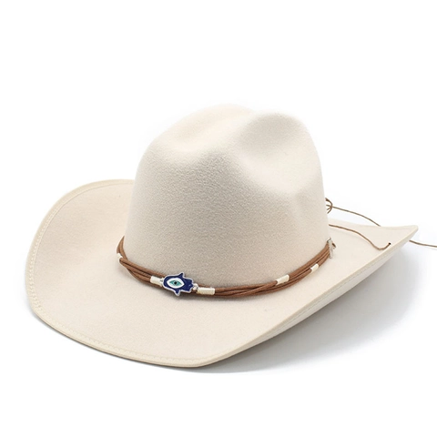 Wollfilz Fedora Hut Breite Krempe Western Cowboy Stil Mit Hamsa Hand Und Evil Eye Dekoband Vintage Ethnisch Für Damen Herren