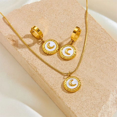 Round Crescent Moon Pendant Necklace And Hoop Earrings Stainless Steel Shell Inlay Fashion Jewelry For Women Elegant
