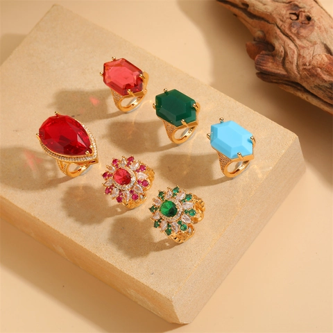 Vintage Copper Open Ring For Women Luxurious Gold Plated Hexagonal Zirconia Flower Statement Cocktail Adjustable Finger Ring Jewelry