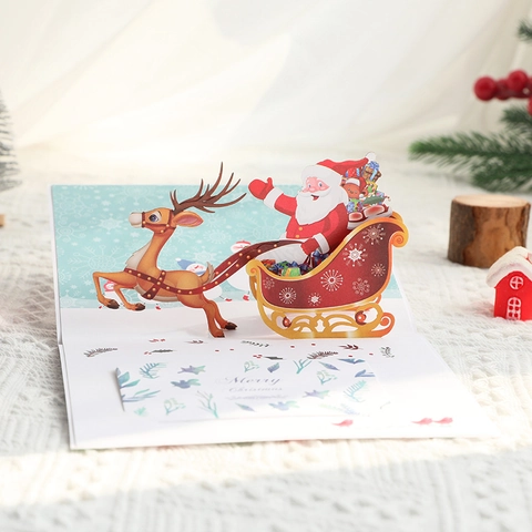 Tarjeta De Felicitación 3D De Navidad Papá Noel Trineo De Renos Arte De Papel Hecho A Mano Con Sobre