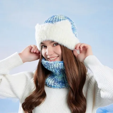 Winter Knitted Beanie Hat Neck Warmer Scarf Warm Plush Faux Fur Lining Cat Ear Design Outdoor Windproof