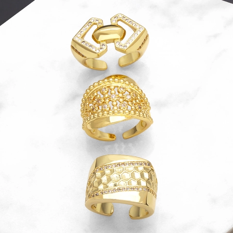 High End Irregular Geometric Open Ring For Women Copper Gold Plated Zirconia Inlaid Minimalist Fashion Finger Ring Jewelry Gift