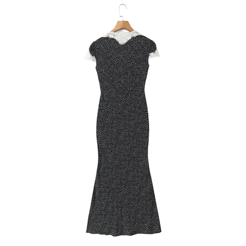 Polka Dot Maxi Kleid Mit V-Ausschnitt Spitzenkragen Retro Elegant Kurzarm Hohe Taille Für Damen