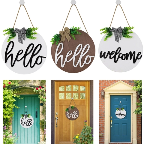 Targa Per Porta In Legno Rotonda Welcome Hello Con Fiocco In Iuta Verde Artificiale Decorazione Rustica