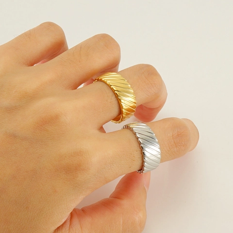 Fashion Striped Stainless Steel Open Adjustable Ring For Women 18K Gold Plated Spiral Texture Minimalist Wide Band Jewelry