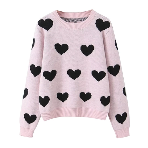Jersey De Punto Para Mujer Estampado De Corazón Manga Larga Cuello Redondo Poliéster Suave