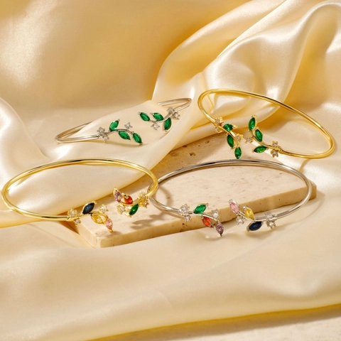 Elegant Willow Leaf Open Cuff Bangle Copper With Colorful Marquise Zircon Minimalist Jewelry Gift For Women