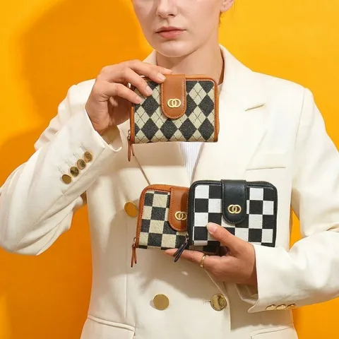 Women Short Wallet Checkered Canvas PU Leather Patchwork Bifold Multi Card Holder Coin Purse Vintage