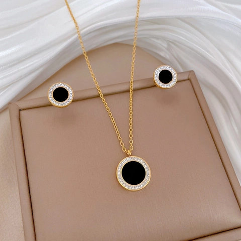 Titanium Steel Round Black Agate Pendant Necklace Earrings And Bracelet With Zircon Inlaid Minimalist Style For Women