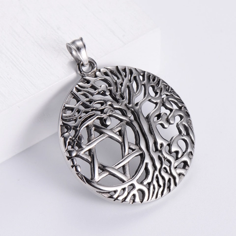 Collar Colgante Vikingo Árbol De La Vida Estrella De David Hexagrama Acero Inoxidable Redondo Hueco Joyería Retro Nórdica