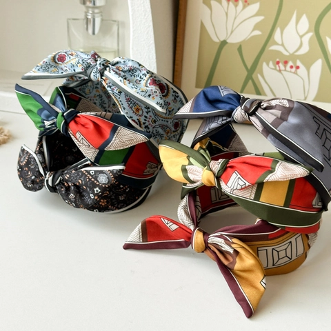 Retro Satin Knot Bow Headband For Women Wide Patchwork Geometric Paisley Print Fabric Hair Band Elegant Headpiece