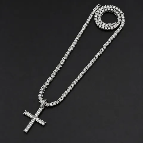Collana Pendente Croce Iced Out Lega Strass Catena Tennis Gioielli Hip Hop Per Uomini Donne