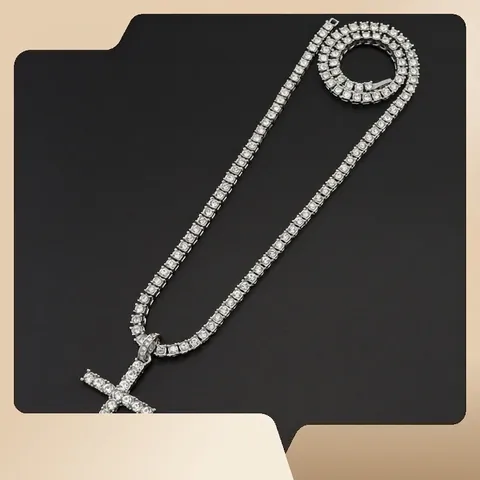 Collana Pendente Croce Iced Out Lega Strass Catena Tennis Gioielli Hip Hop Per Uomini Donne