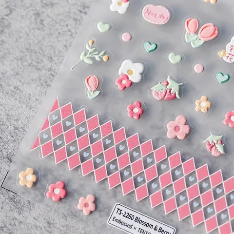 5D Embossed Nail Art Stickers 3D Floral Strawberry Self Adhesive Decals Sweet Tulip Heart Plaid For Manicure Decoration