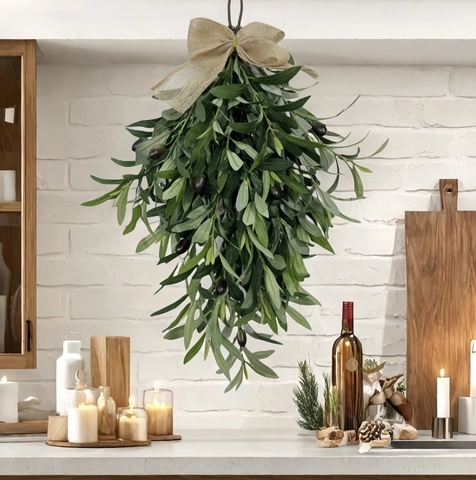 Künstlicher Olivenblatt-Swag Mit Leinenschleife Wandbehang Für Bauernhaus Haustür Frühling Weihnachten Deko