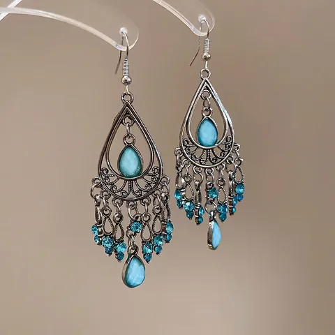 Bohemian Vintage Hollow Waterdrop Tassel Dangle Earrings Alloy Rhinestone Blue Glass Ethnic Style Women