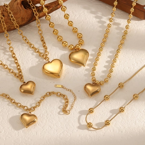 Heart Pendant Necklace And Bracelet Jewelry For Women 18K Gold Plated Stainless Steel Exaggerated Ball Chain Ins Style