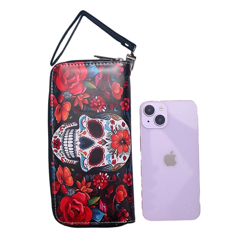 Cartera Larga Con Cremallera Gótica Halloween Para Mujer Retro Murciélago Fantasma Calavera PVC Cuero Sintético Bolso De Mano